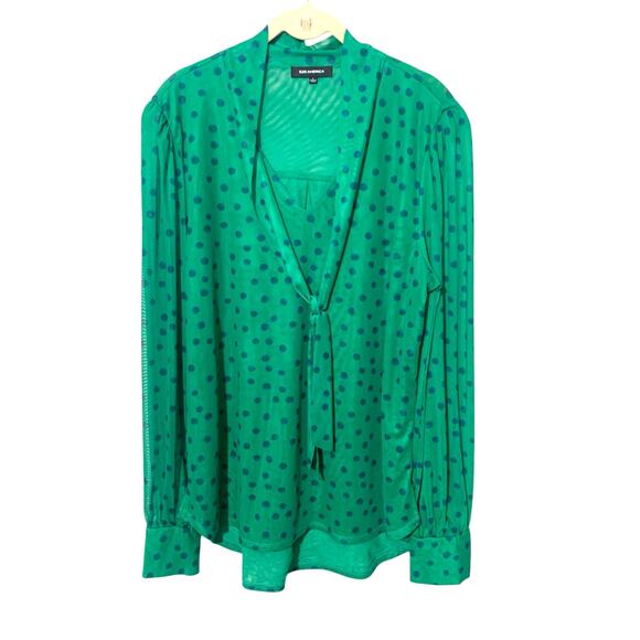 525 America Kelly Green Polka Dot Micro Mesh Blouse Top w tie Neck sz L - Picture 2 of 11